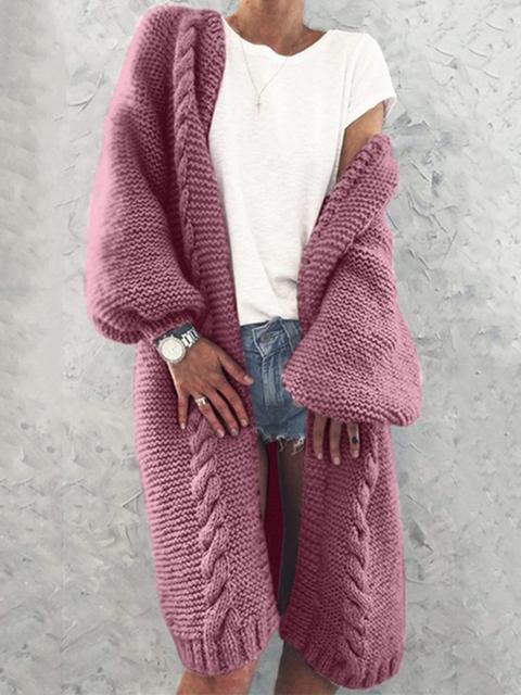 Collarless Knitted Cardigan Long Coat