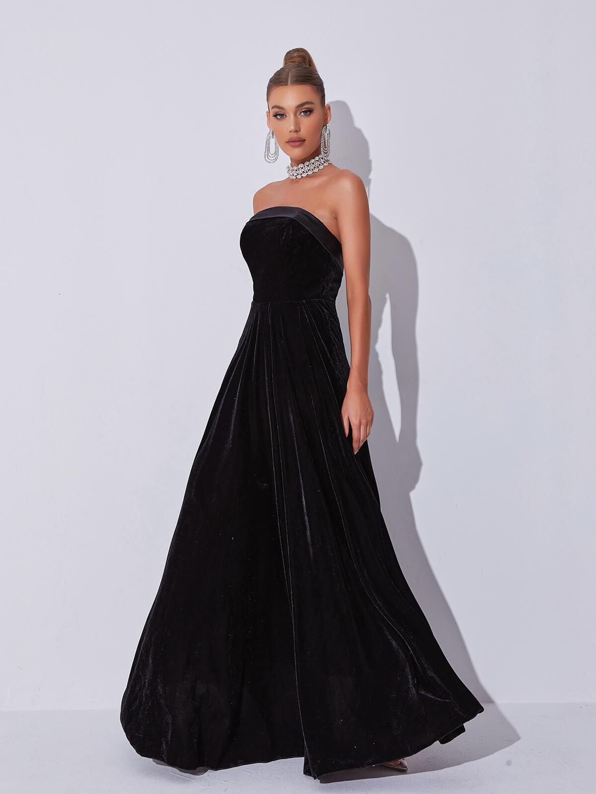 Strapless Satin Band Velvet Pleated A-Line Maxi Gown