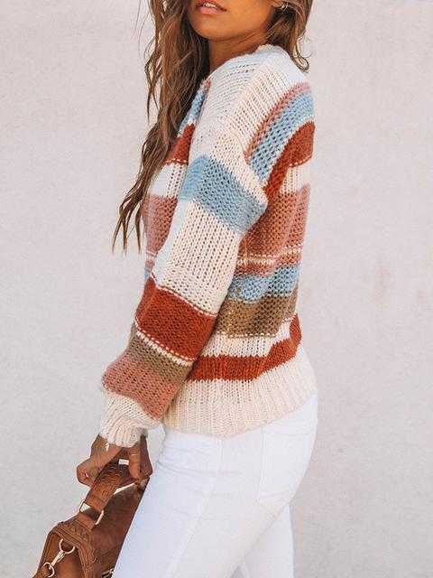 Color Block Cable-knit Round Neck Sweater
