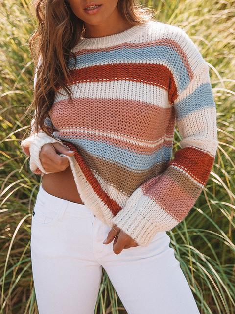 Color Block Cable-knit Round Neck Sweater