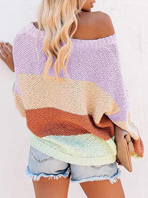 Color Block Off-shoulder Lightweight Sweater