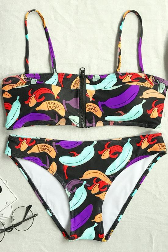Colorful Banana Printed Bandeau Bikini - Two Piece Swimsuit