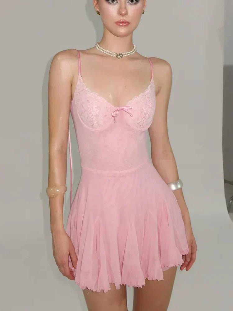 Lace Cup Underwire Spaghetti Strap Ruffled Lettuce Hem Mini Dress