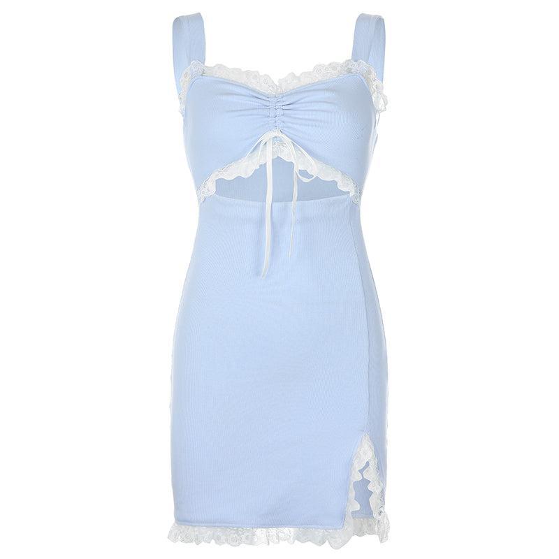 Lace Trim Ribbed Knit Square Neck Midriff Cutout Side Slit Mini Dress 6