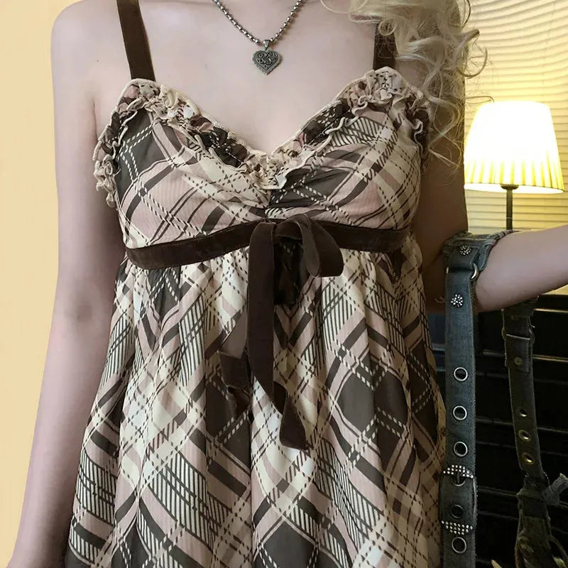 Plaid Lace Trim Bow Empire Waist Babydoll Mini Dress 2