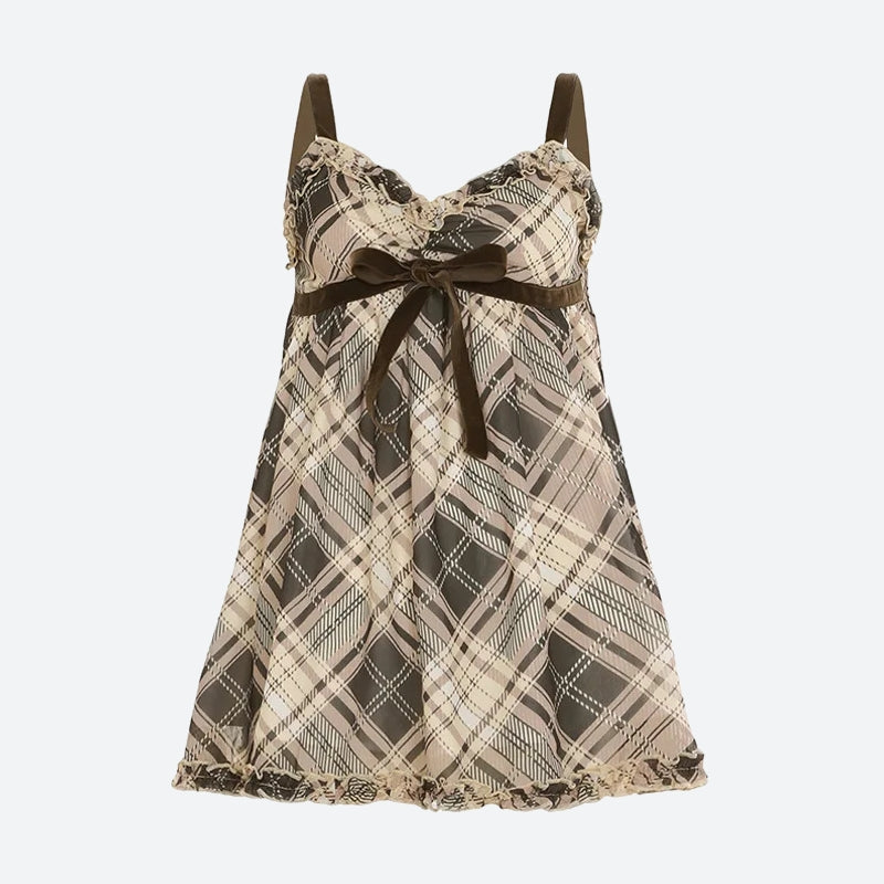 Plaid Lace Trim Bow Empire Waist Babydoll Mini Dress 3