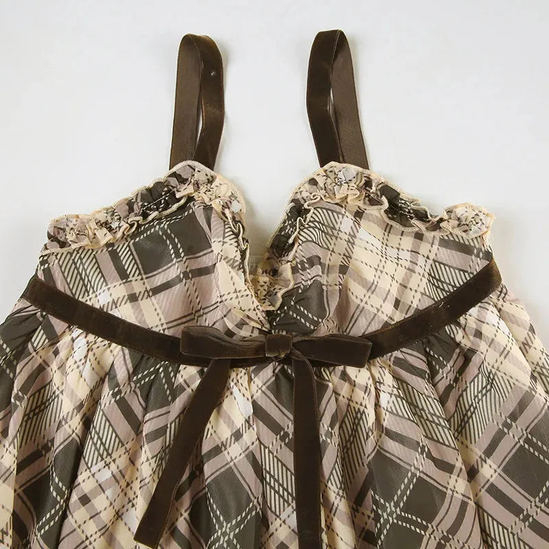 Plaid Lace Trim Bow Empire Waist Babydoll Mini Dress 4