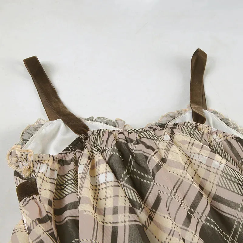Plaid Lace Trim Bow Empire Waist Babydoll Mini Dress 5