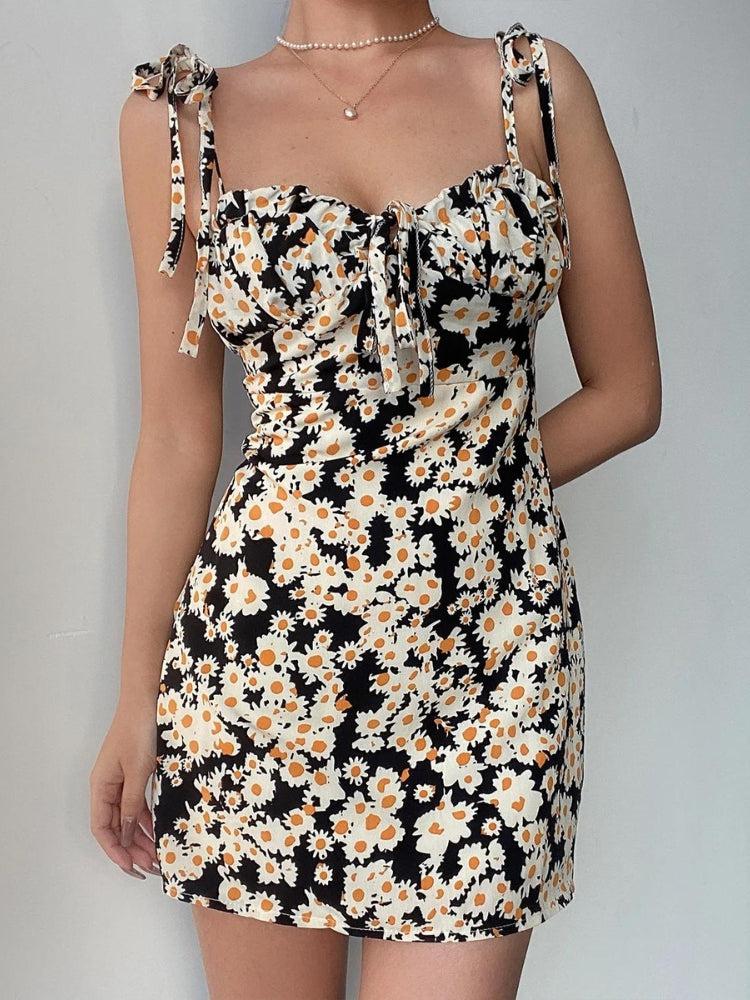 Daisy Print Tie Shoulder Sweetheart Ruffle Trim Bodycon Mini Dress