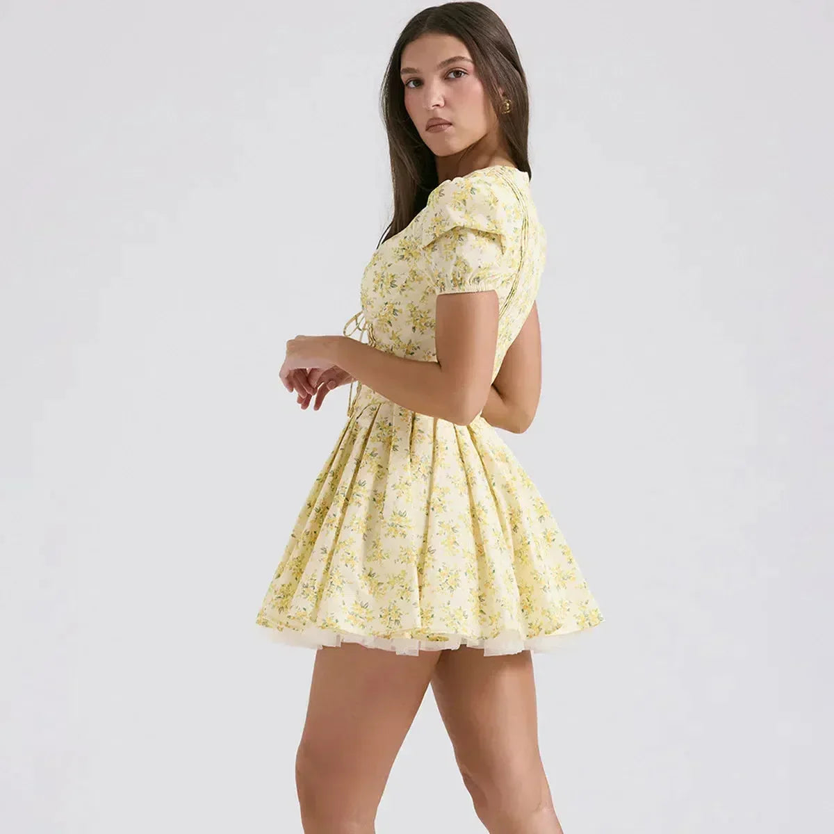 Plunge V-Neck Tie Front Puff Sleeve Corset Bodice Floral Fit and Flare Mini Dress 2