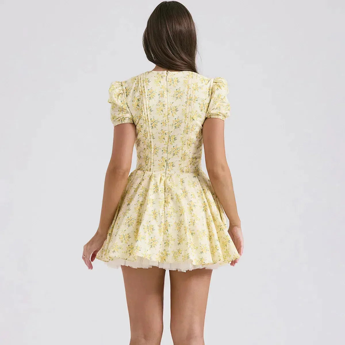 Plunge V-Neck Tie Front Puff Sleeve Corset Bodice Floral Fit and Flare Mini Dress 4