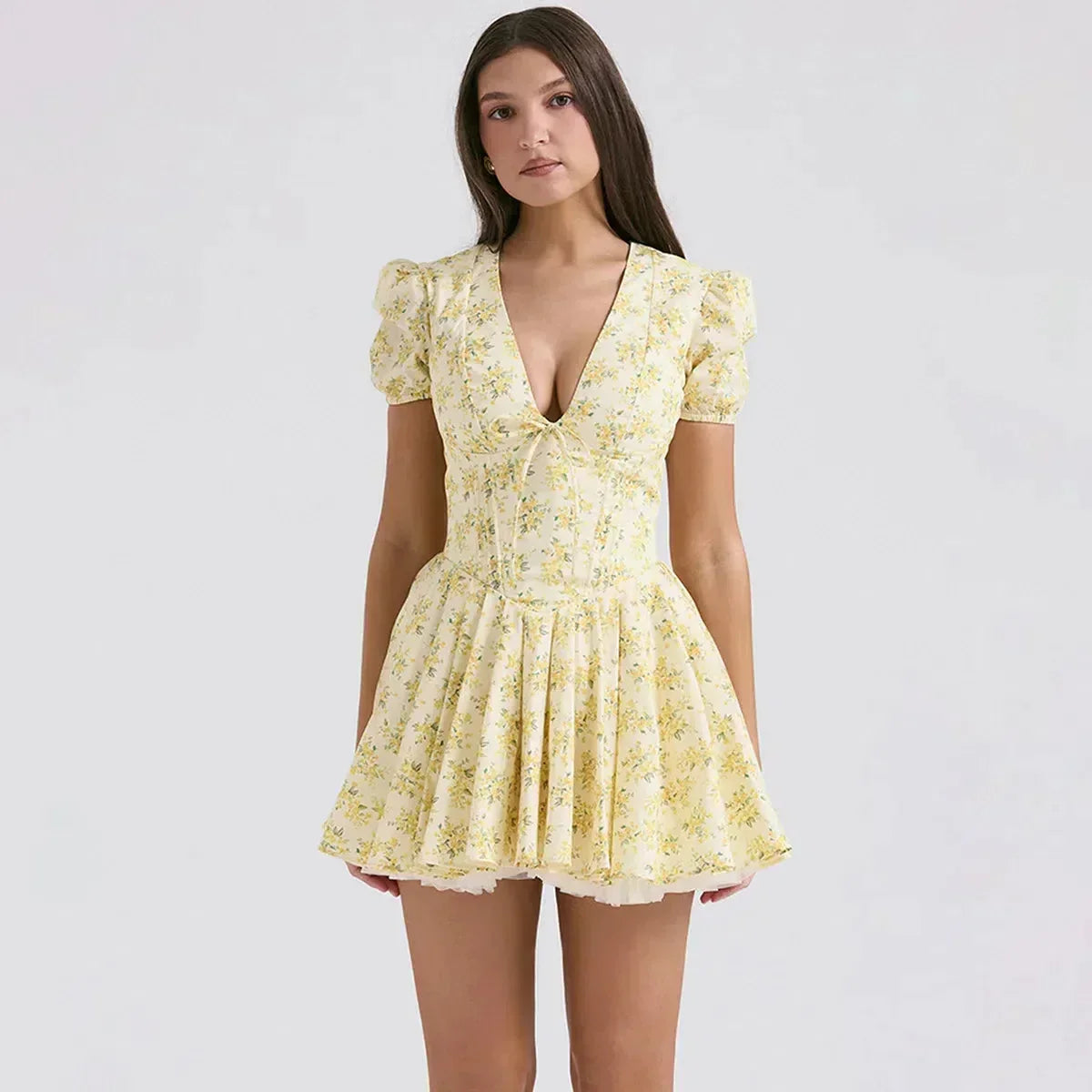 Plunge V-Neck Tie Front Puff Sleeve Corset Bodice Floral Fit and Flare Mini Dress