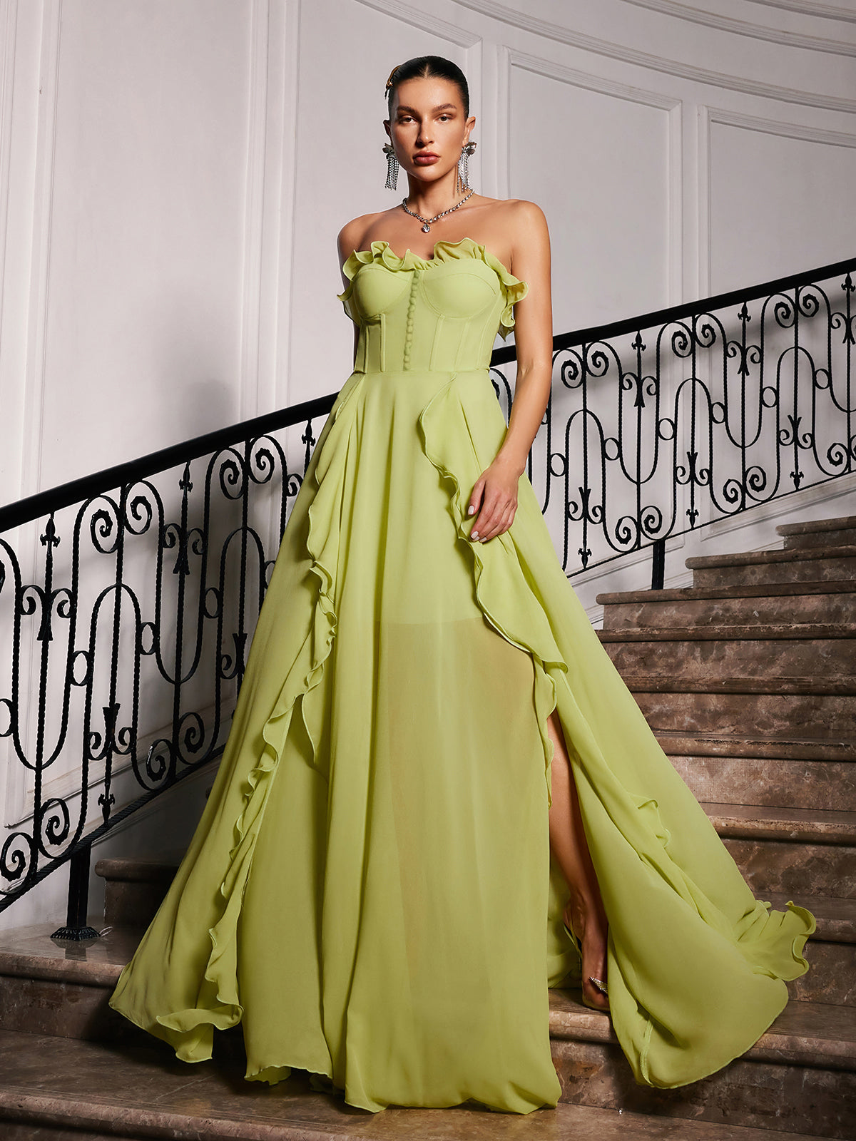 Strapless Sweetheart Ruched Button Front Chiffon Ruffle Maxi Dress 2