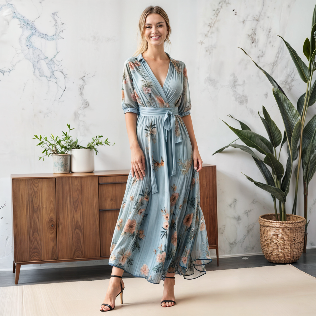 Deep V Wrap Bodice Half Sleeve Tie Belt Pleated Floral Maxi Dress