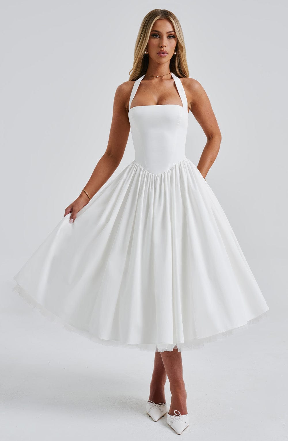 Square Neck Halter Pleated Ball Skirt Tulle Hem Midi Dress 2