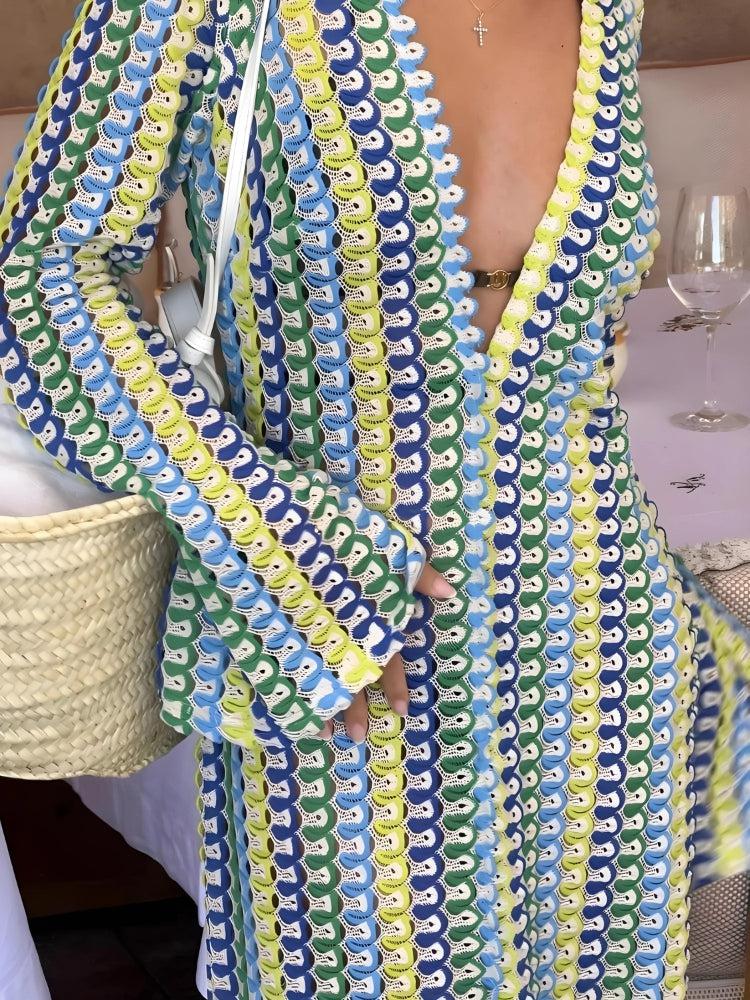 Crochet Stripe Plunge V-Neck Long Sleeve High Slit Maxi Dress 3