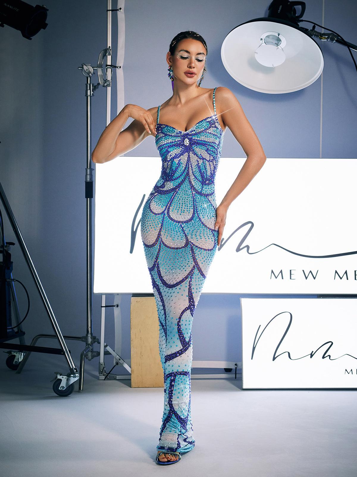 Spaghetti Strap Butterfly Wing Rhinestone Peacock Feather Mesh Maxi Dress