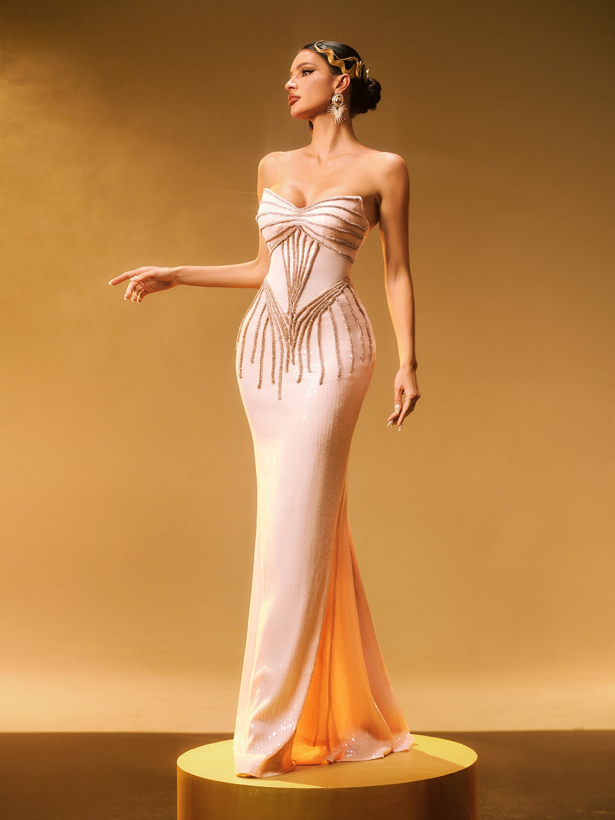 Strapless Sweetheart Sequin Linear Beaded Mermaid Maxi Gown 4