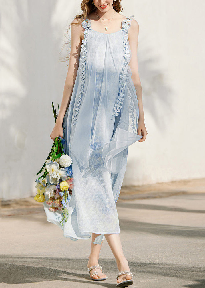 Scoop Neck Lace Trim Armhole Watercolor Print Crinkle Pleat Asymmetric Midi Dress 3