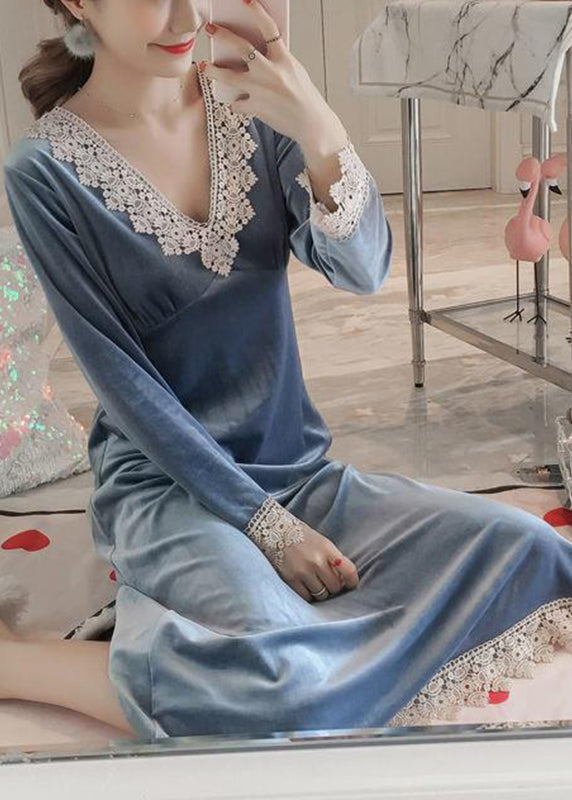 Deep V Neck Lace Trim Button Front Velvet Long Sleeve Dress 2