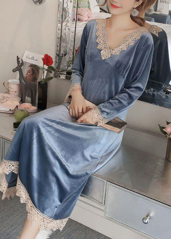 Deep V Neck Lace Trim Button Front Velvet Long Sleeve Dress 4