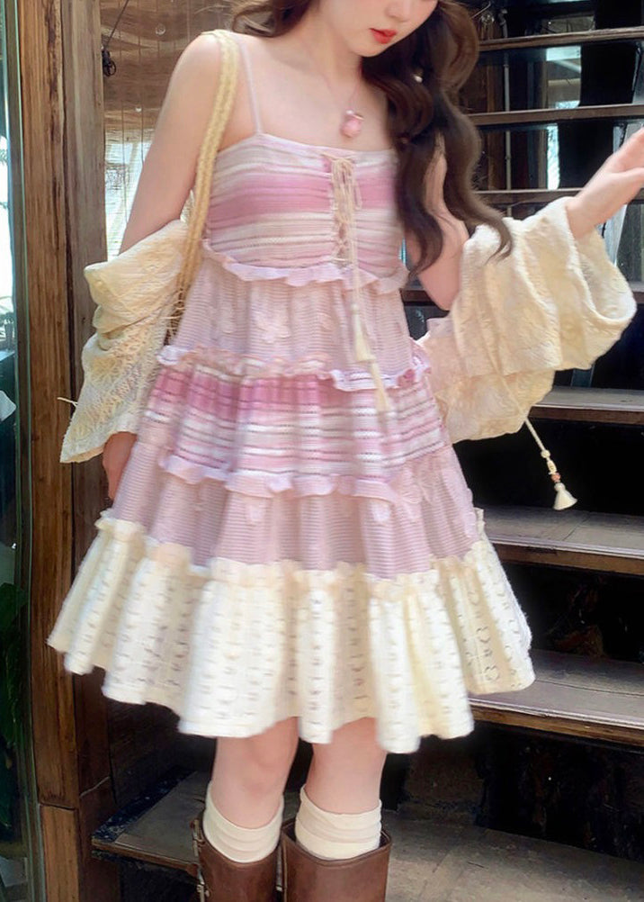 Square Neck Lace Up Tiered Stripe Eyelet Mini Dress