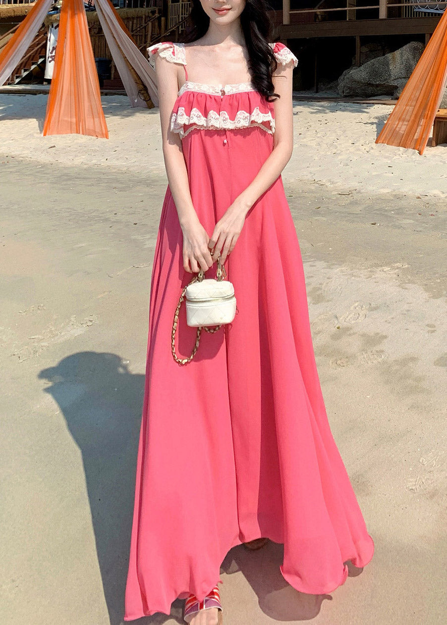 Square Neck Spaghetti Strap Lace Trim Ruffle Tier Floor Length Maxi Dress