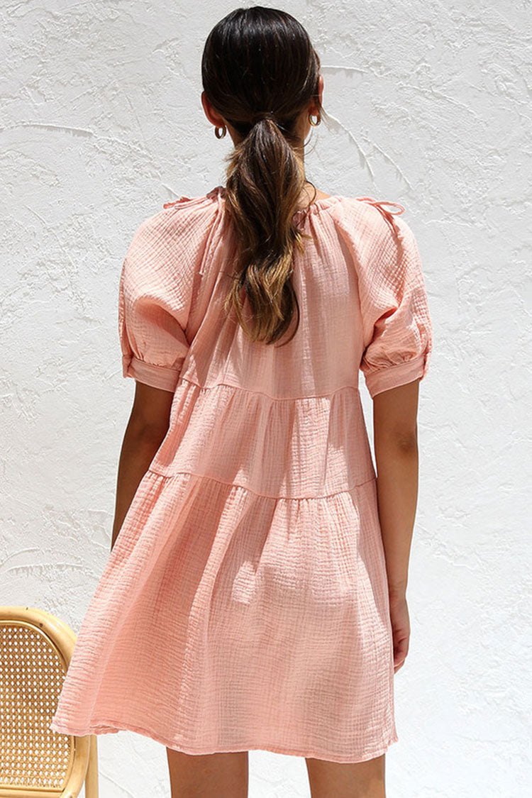 Crinkle Gauze Tie Neck Puff Sleeve Tiered Babydoll Mini Dress 3