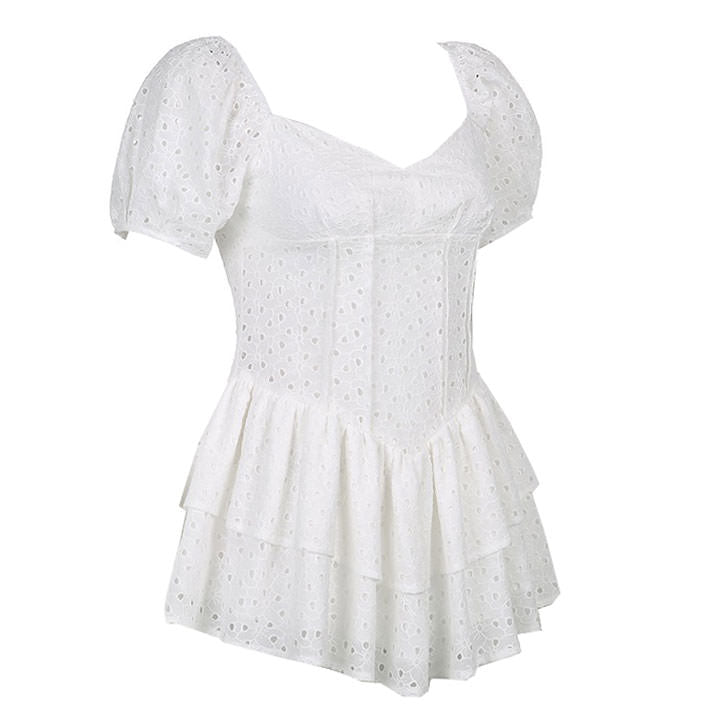 Sweetheart Eyelet Lace Puff Sleeve Corset Tiered Ruffle Mini Dress 2