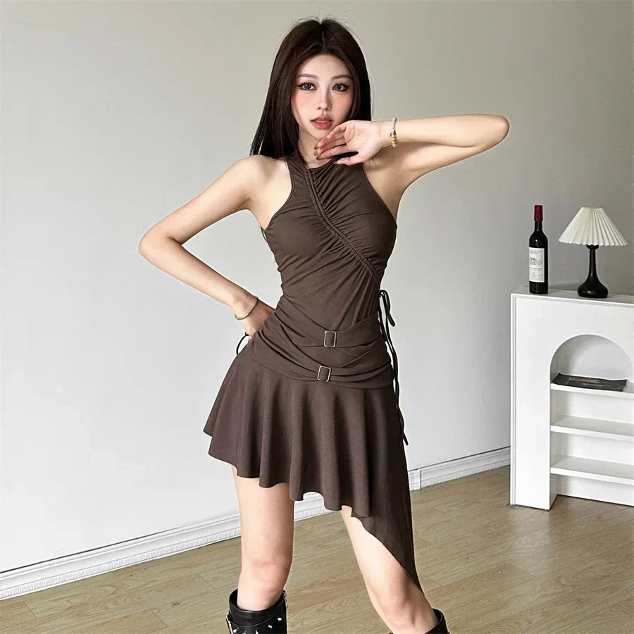 Ruched Buckle Detail Asymmetric Pointed Hem Sleeveless Mini Dress 3
