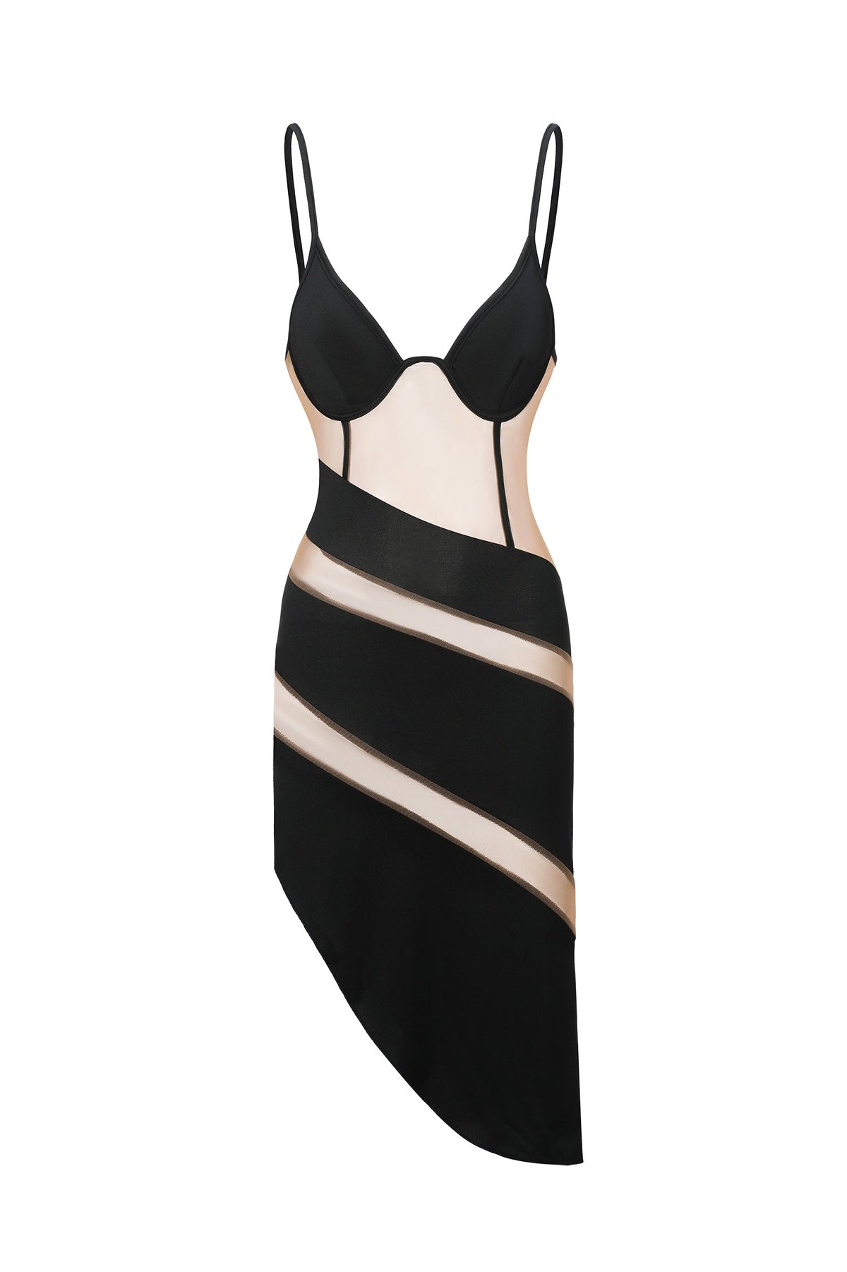 Halter Mesh Panel Diagonal Stripe Asymmetric Hem Midi Dress