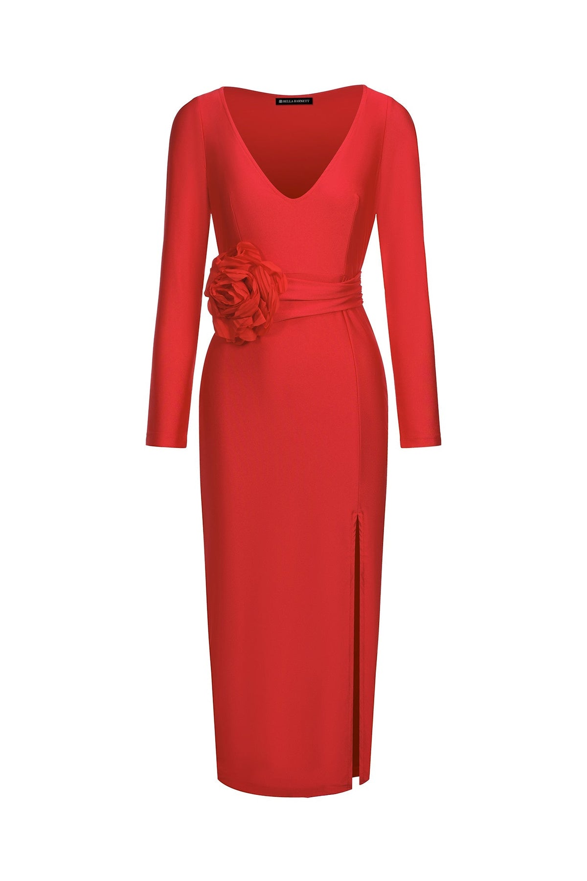 Deep V Ruched Split Midi Dress