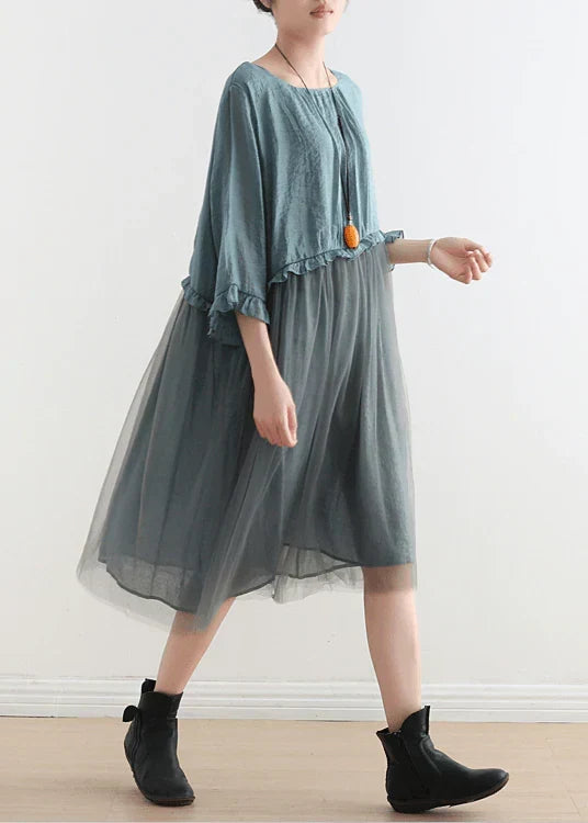 Round Neck Short Sleeve Mesh Overlay Ruffle Waist Linen Midi Dress