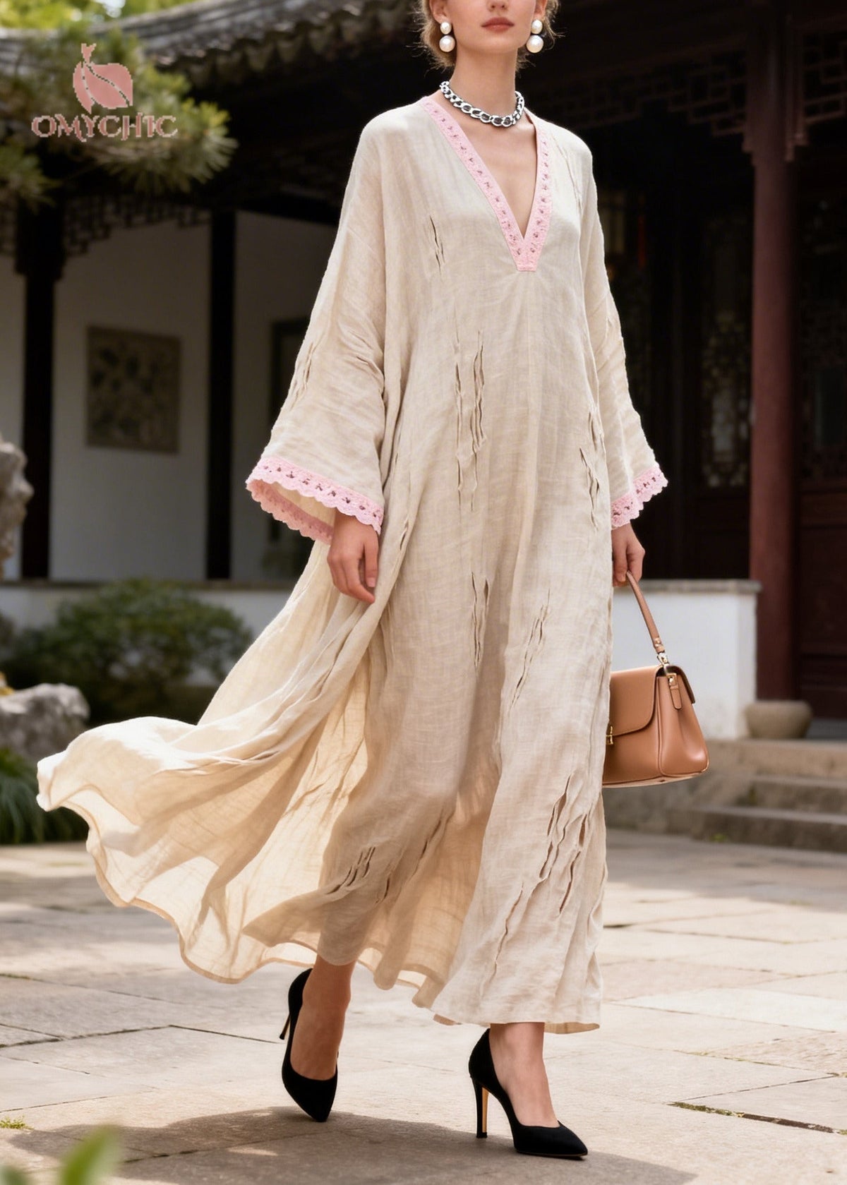 Deep V-Neck Crochet Lace Trim Distressed Shredded Bell Sleeve Maxi Kaftan Dress 5