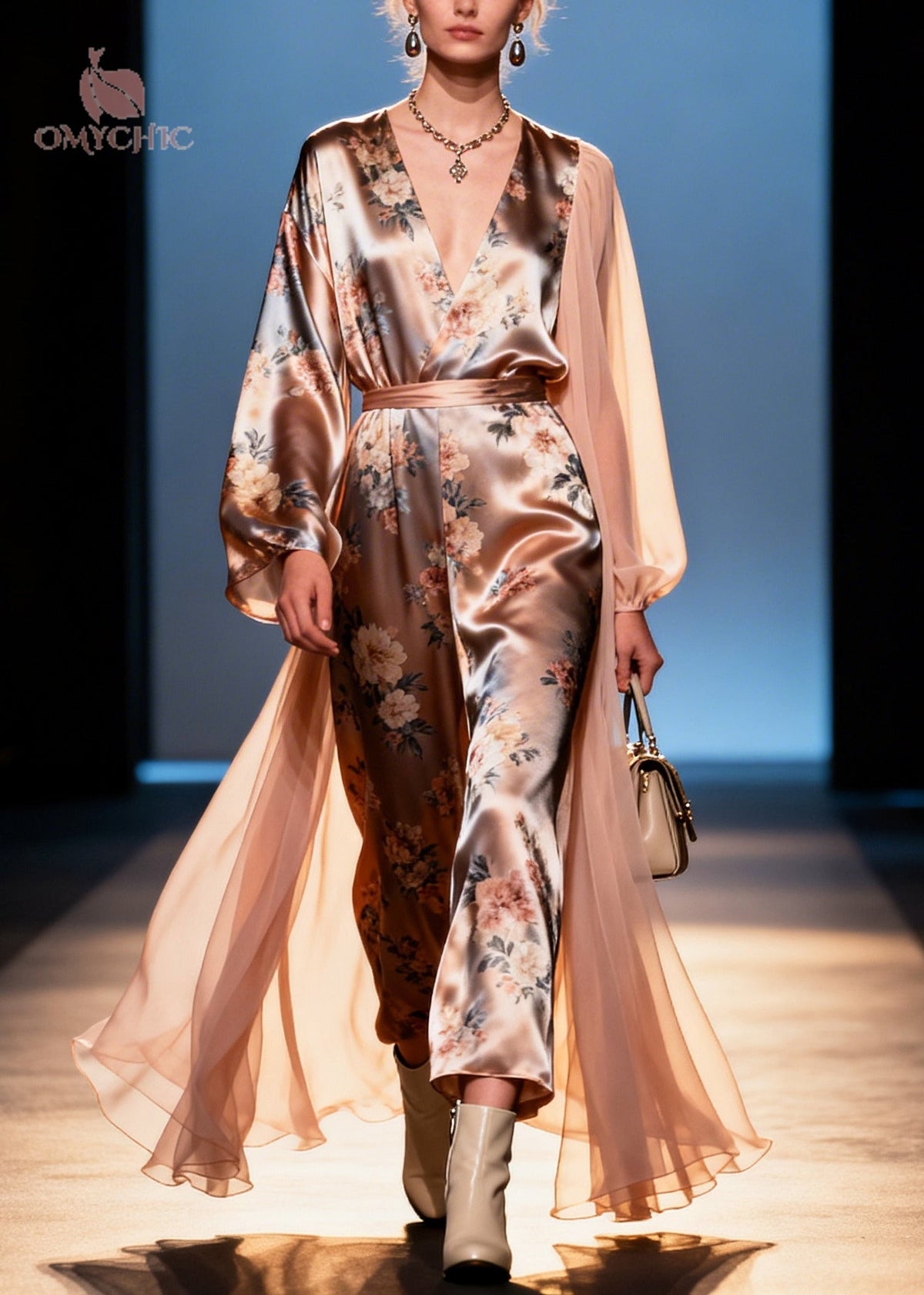 Deep V Neck Floral Satin Wrap Jumpsuit With Sheer Cape Overlay 3