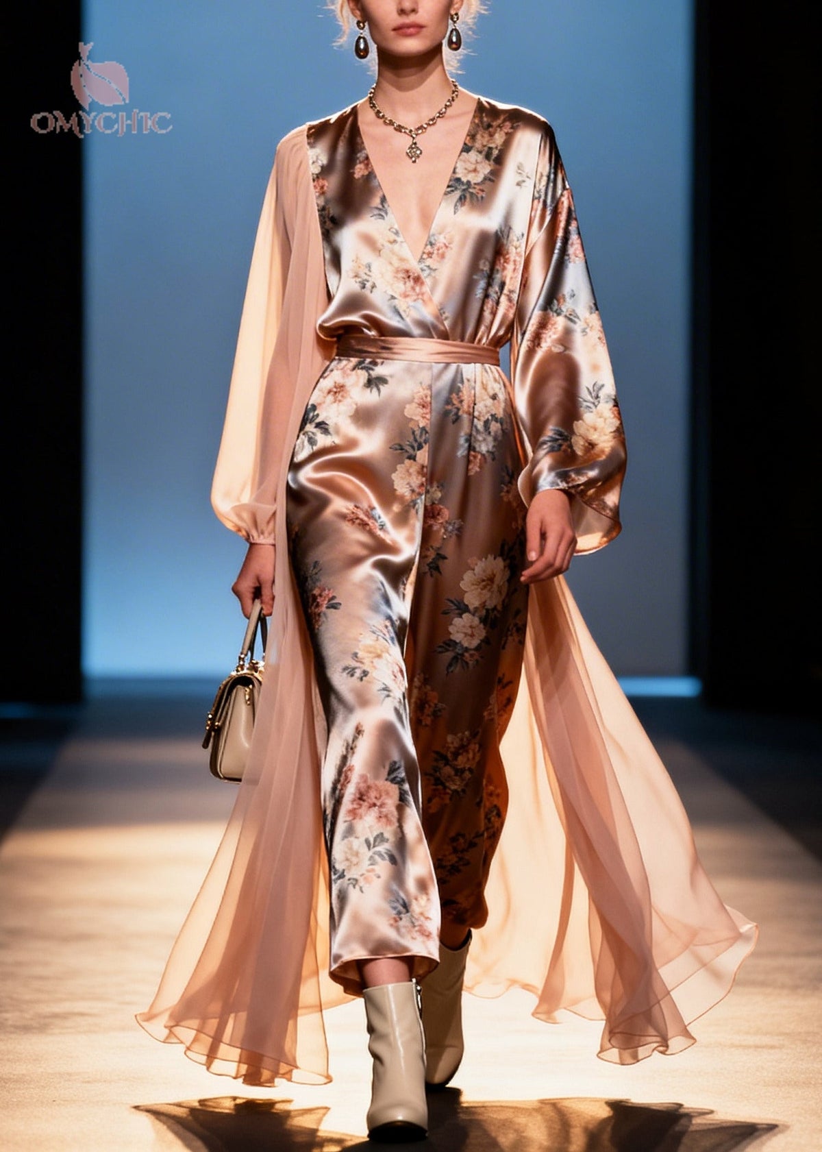 Deep V Neck Floral Satin Wrap Jumpsuit With Sheer Cape Overlay 5