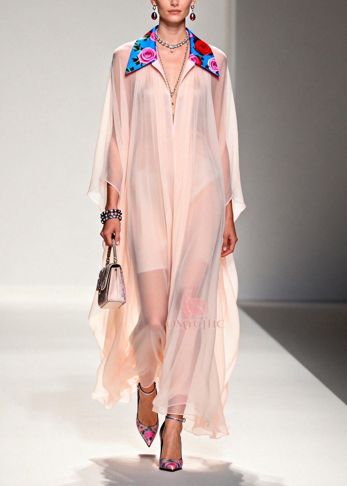 Pointed Collar Floral Print Sheer Layered Kaftan Maxi Gown