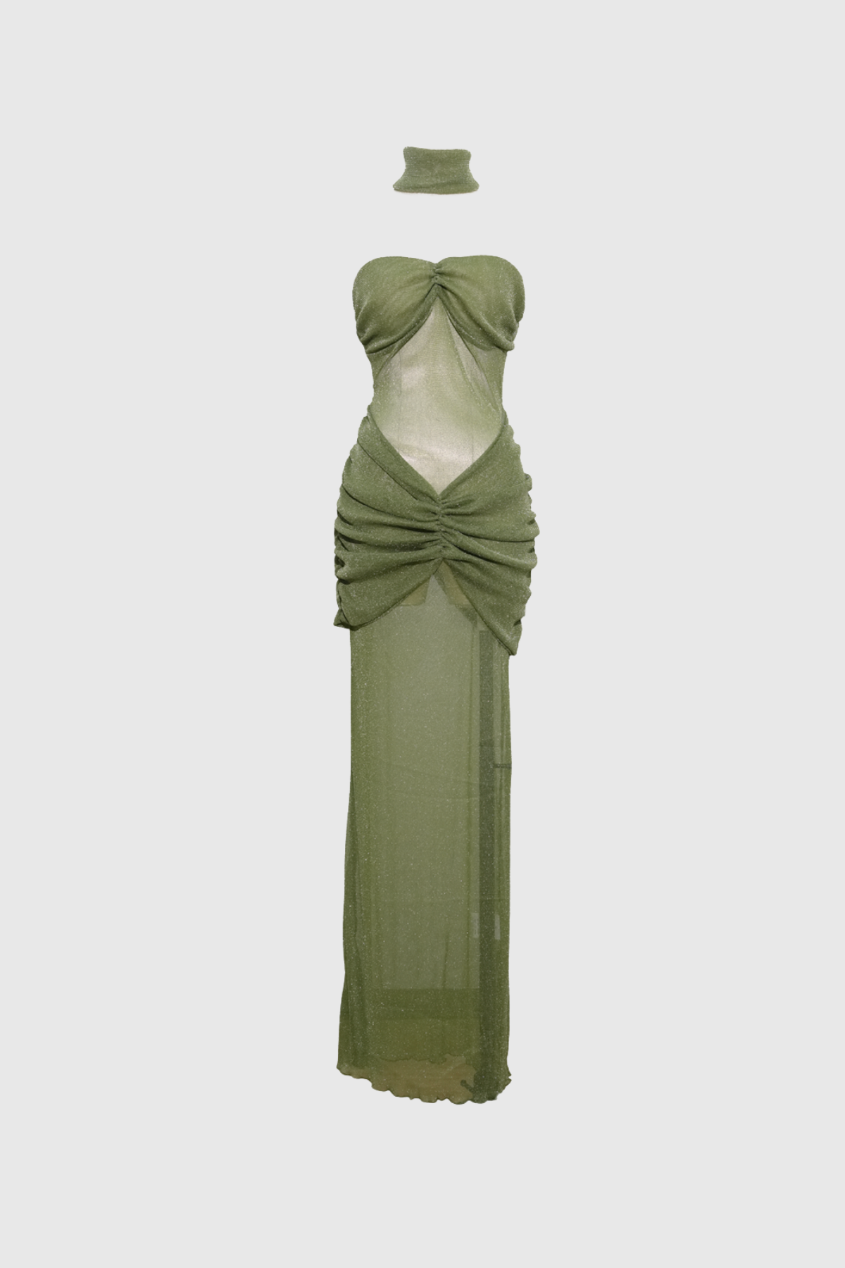 Strapless Sweetheart Sheer Sequin Knit Ruched V Waist Column Maxi Gown 6
