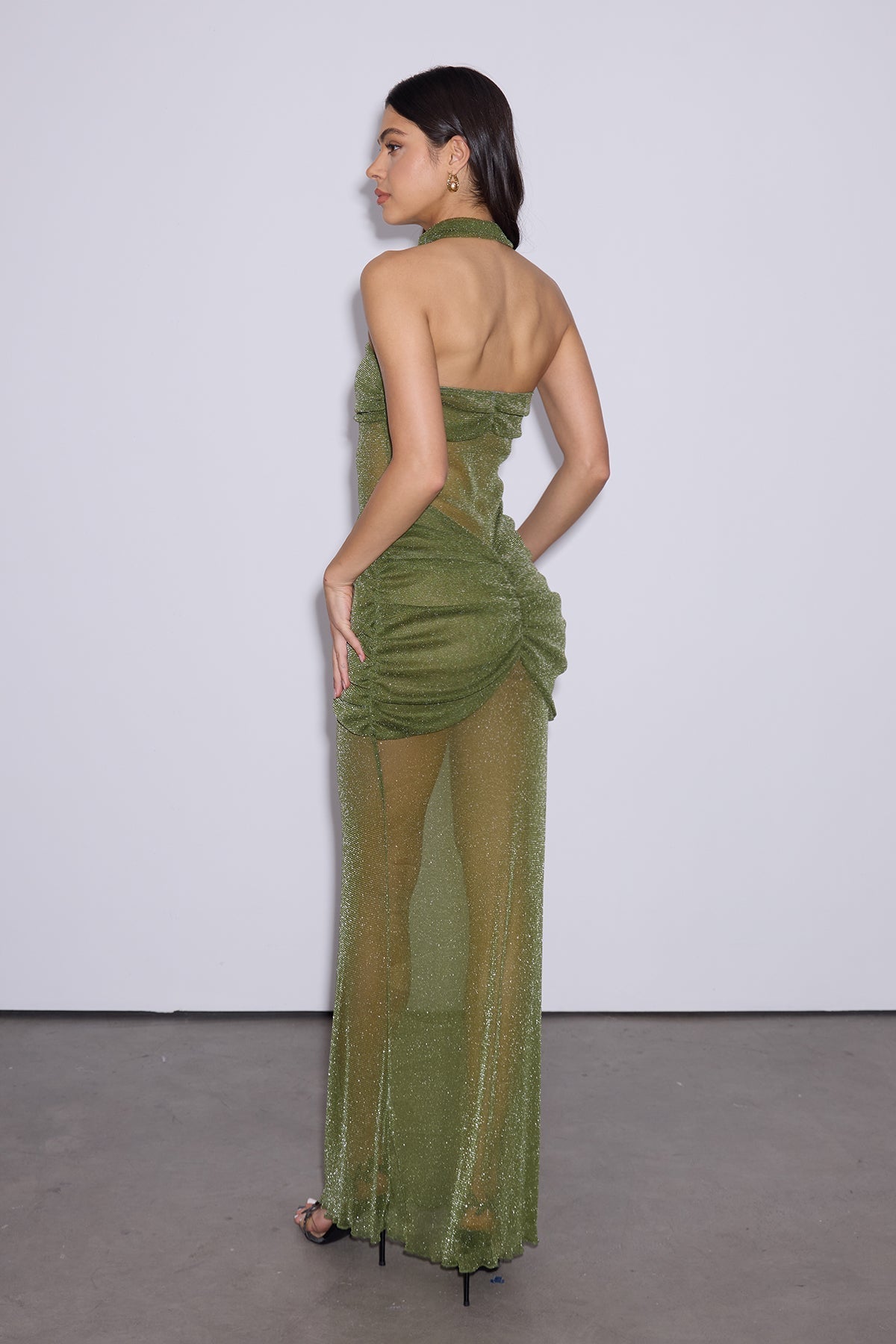 Strapless Sweetheart Sheer Sequin Knit Ruched V Waist Column Maxi Gown 4