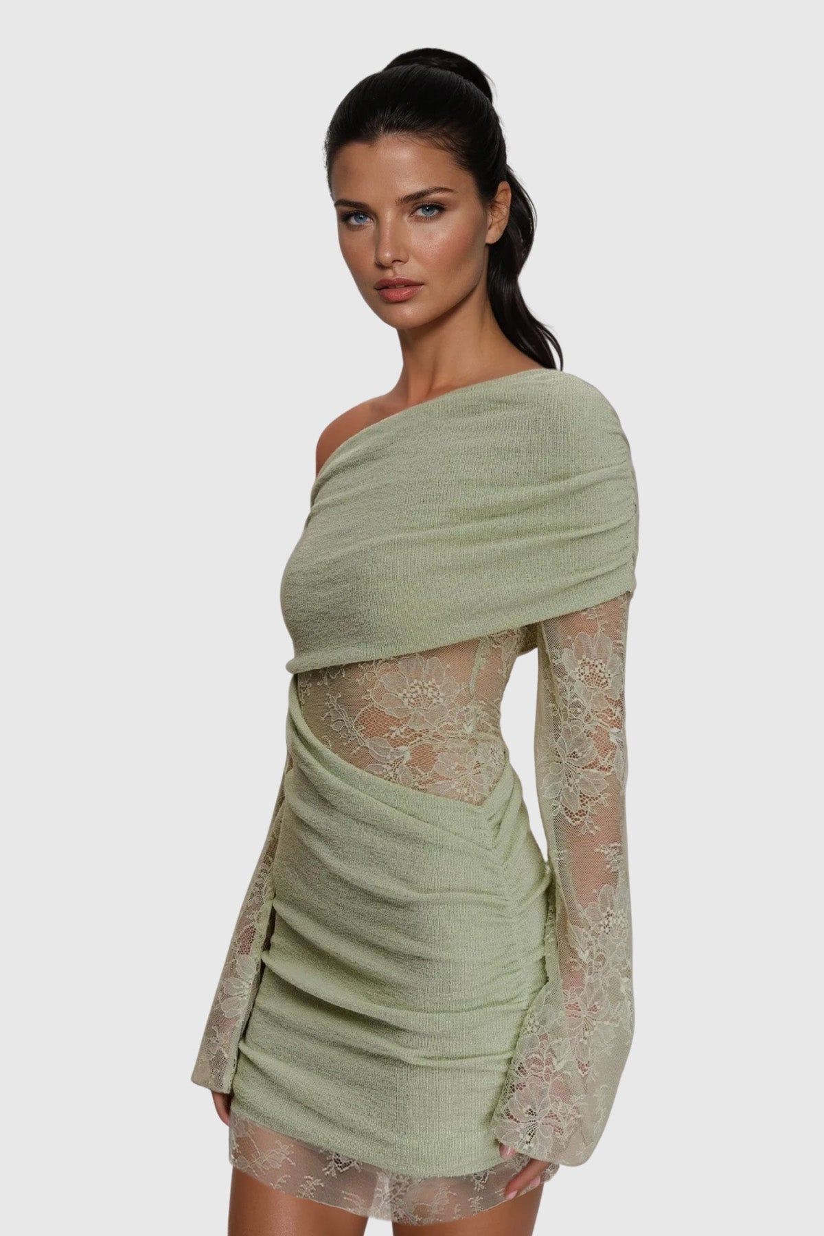 Off Shoulder One Shoulder Ruched Lace Sleeve Diagonal Cutout Mini Dress 5