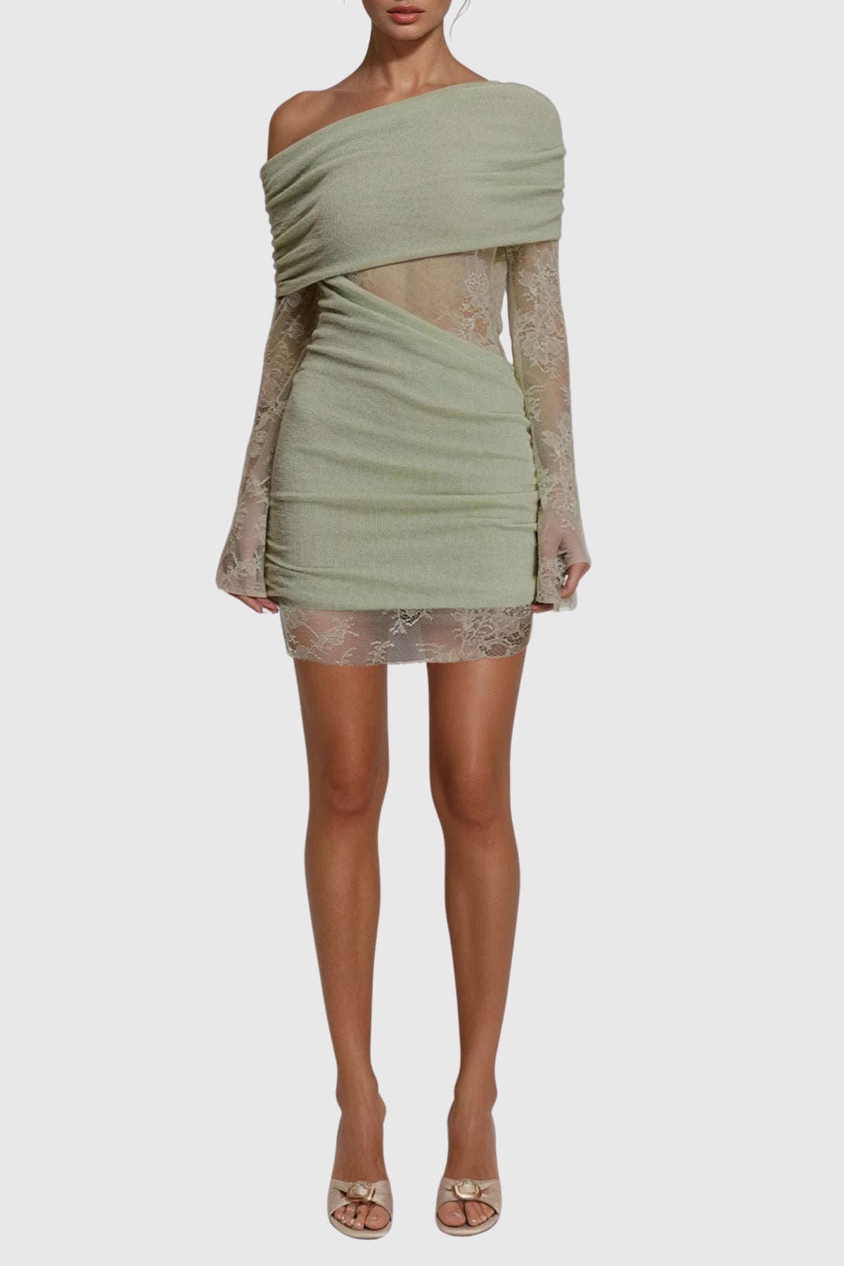 Off Shoulder One Shoulder Ruched Lace Sleeve Diagonal Cutout Mini Dress