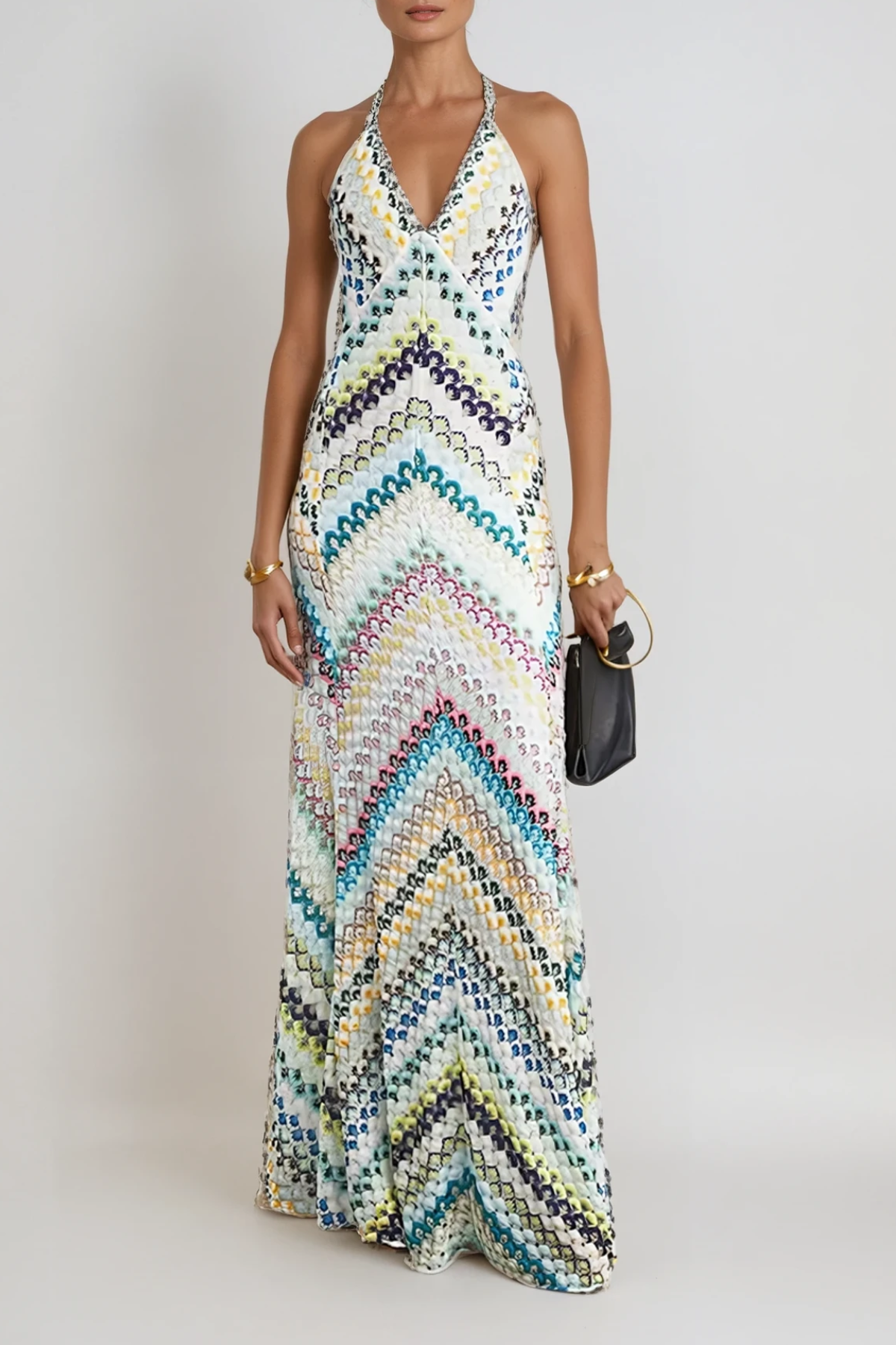 Halter Deep V Neck Chevron Pattern Maxi Dress