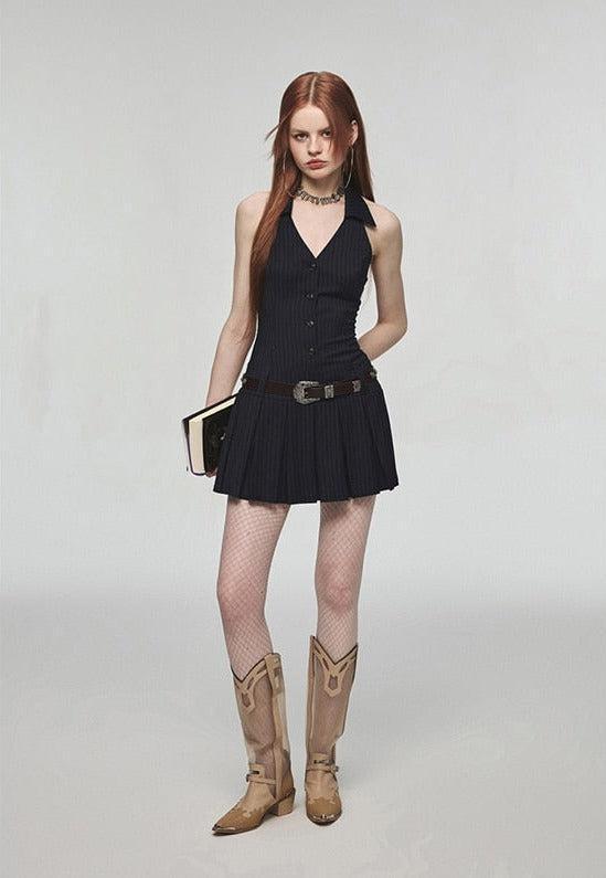 Pinstripe Halter Collar V-Neck Button Front Pleated Mini Dress 4