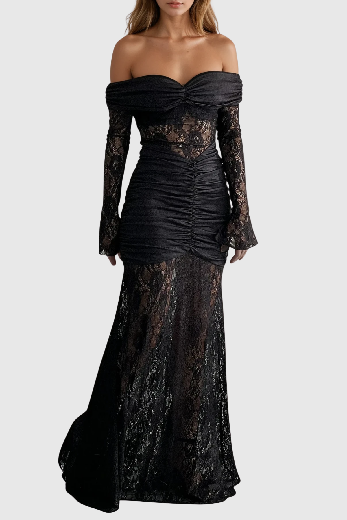 Off Shoulder Ruched Lace Panel Long Sleeve Maxi Dress