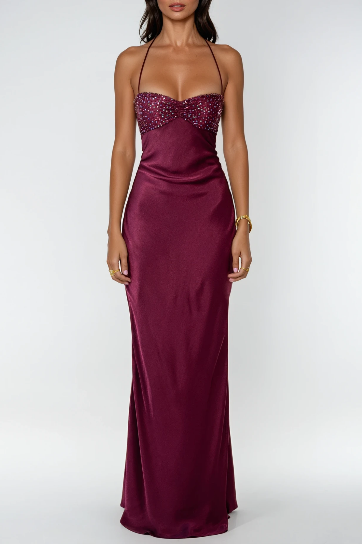Halter Spaghetti Strap Sequin Embellished Bust Satin Column Maxi Gown