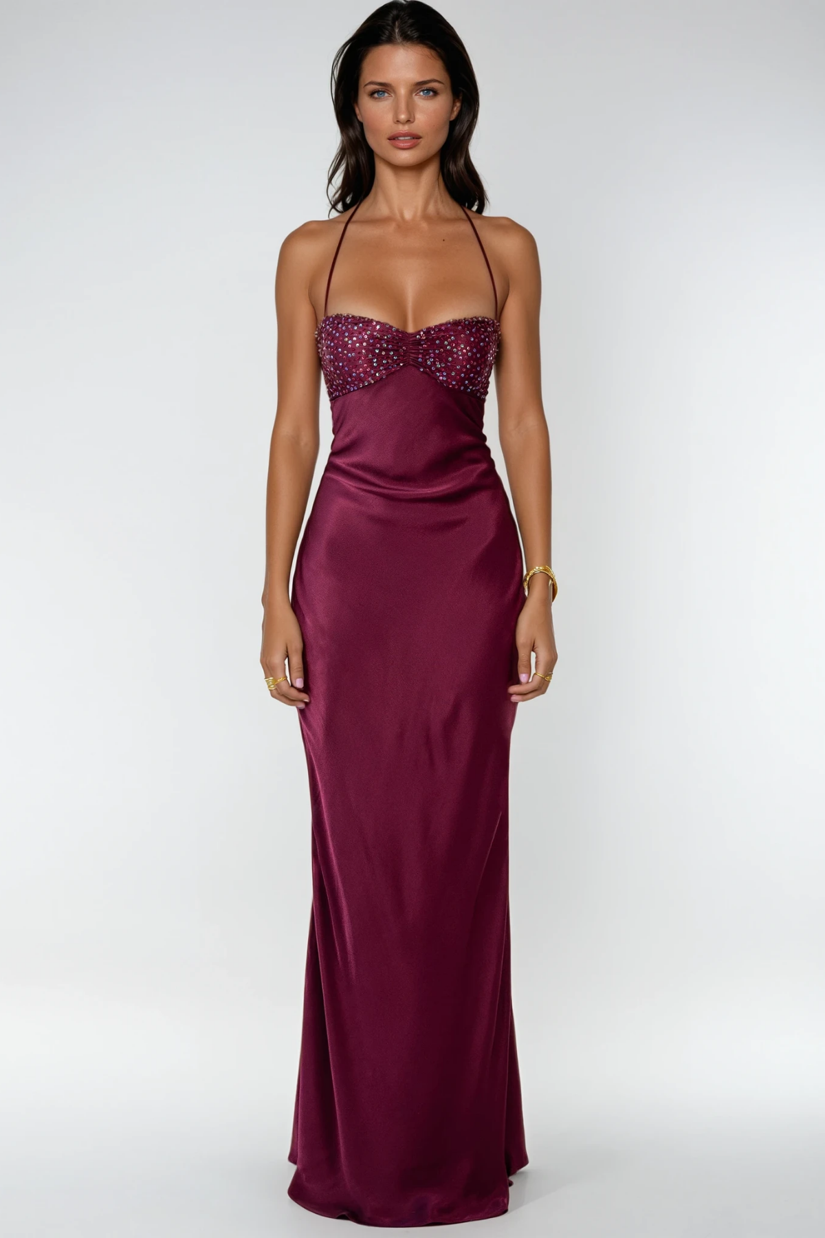 Halter Spaghetti Strap Sequin Embellished Bust Satin Column Maxi Gown 2