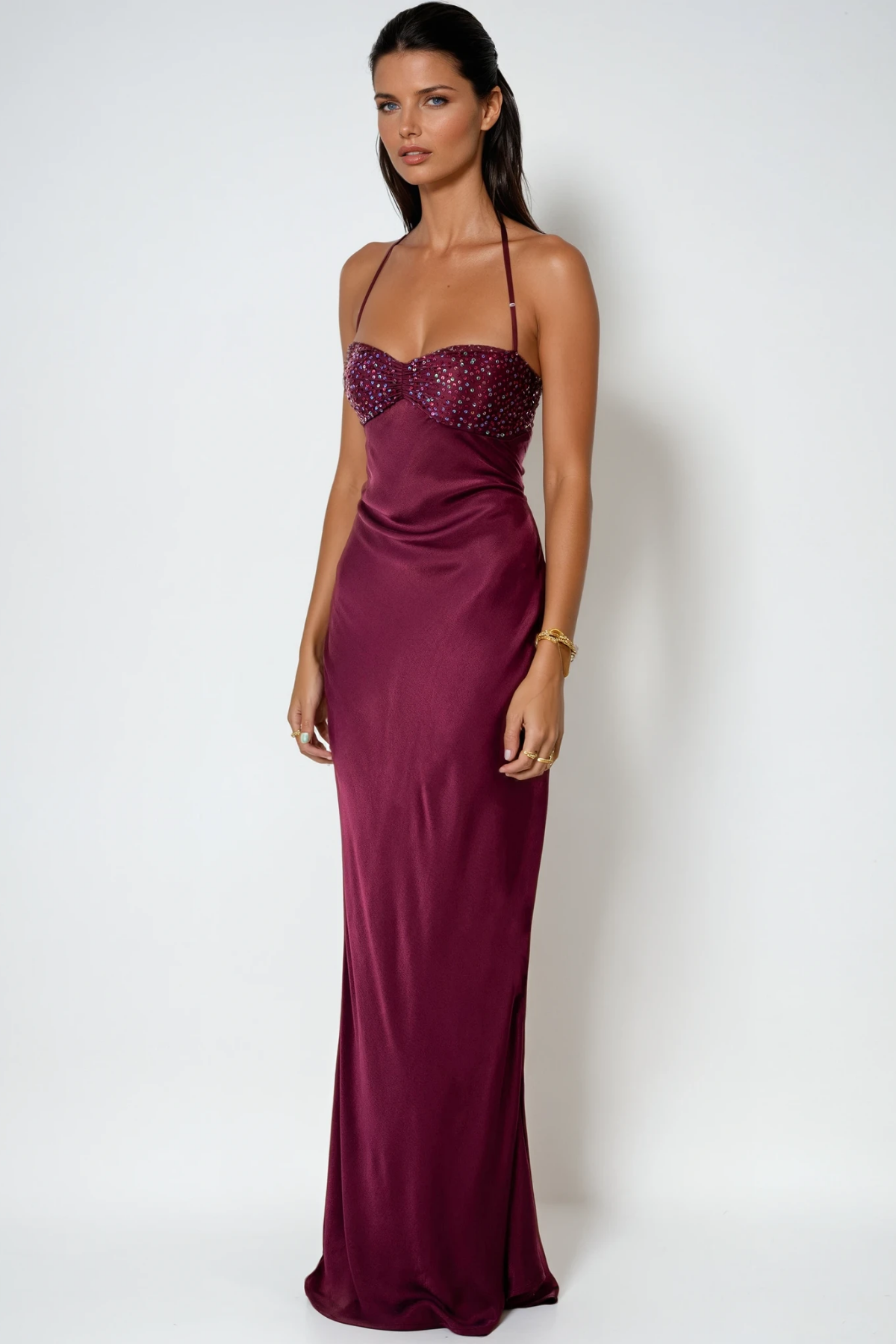 Halter Spaghetti Strap Sequin Embellished Bust Satin Column Maxi Gown 3