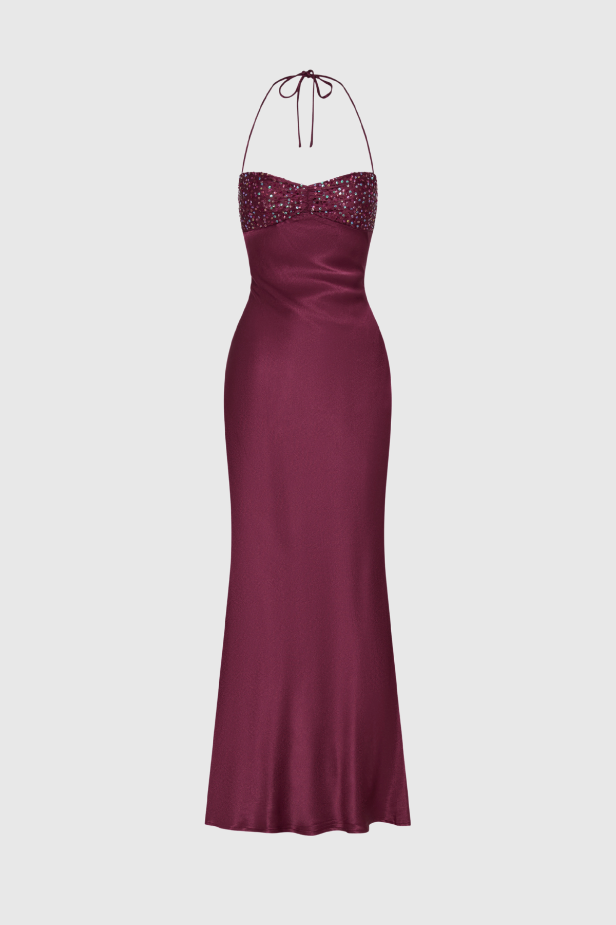 Halter Spaghetti Strap Sequin Embellished Bust Satin Column Maxi Gown 5