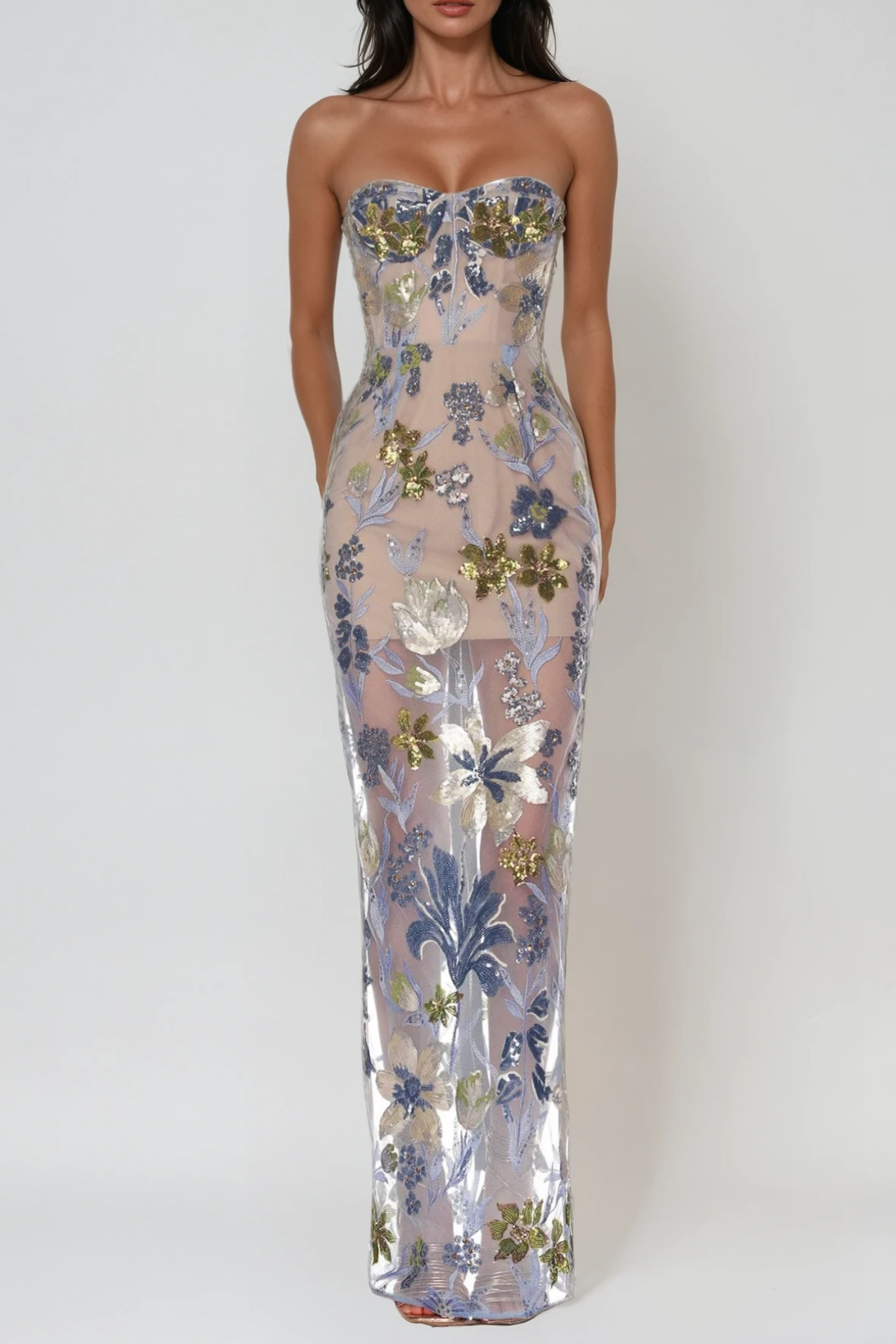 Strapless Sweetheart Mesh Overlay Floral Sequin Embroidery Column Maxi Gown