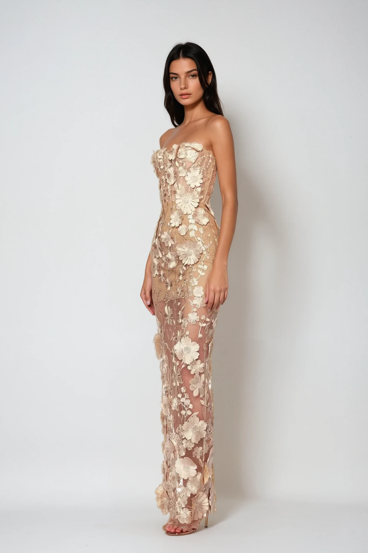 Strapless Sweetheart 3D Floral Applique Sheer Overlay Column Maxi Gown 3
